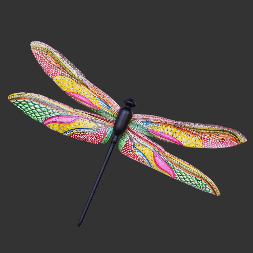 Tholu Dragonfly Wall Décor, a hand-painted dragonfly-shaped wall art piece with vividly patterned wings, shown against a white background.