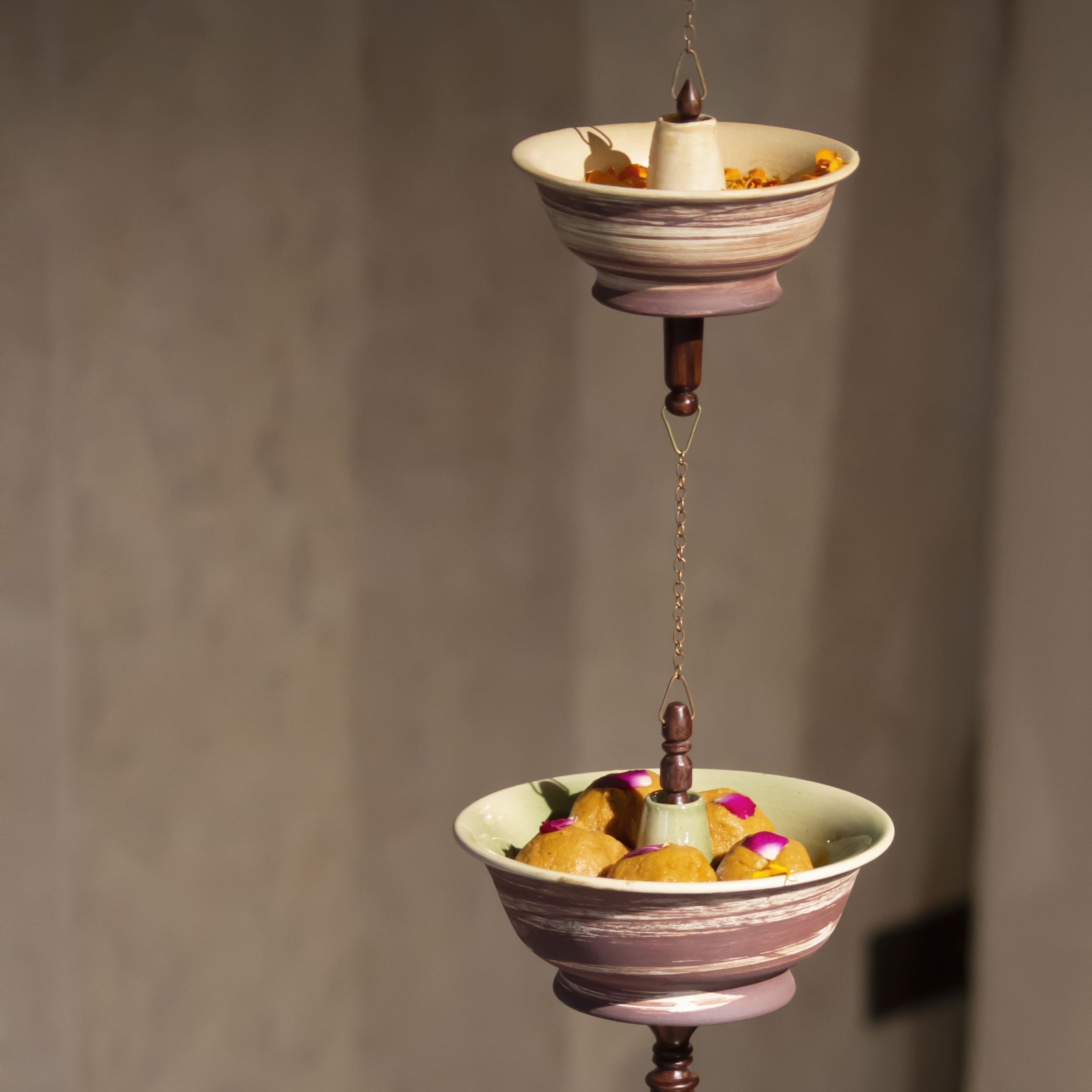 Frt Cochin Diya Hanging Bird Feeder Outdoor Ceramic Wood Bras, hanging, 