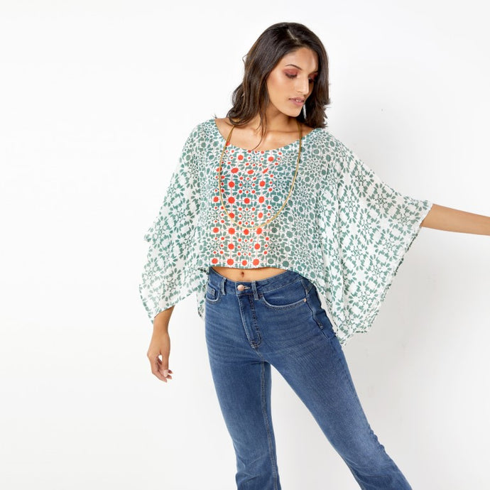 Naksha Teal Red Hand Block Printed Crop Top
