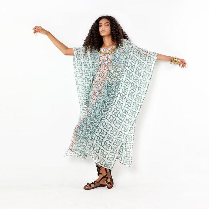 Naksha Teal Red Hand Block Printed Kaftan