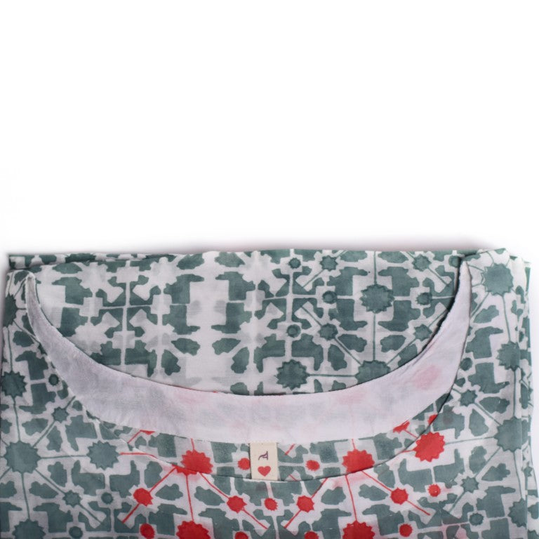 Naksha Teal Red Hand Block Printed Kaftan