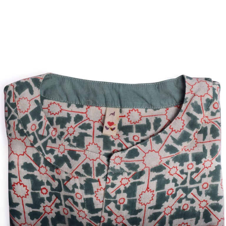 Naksha Teal Red Linen Hand Block Printed Full Sleeve Shirt