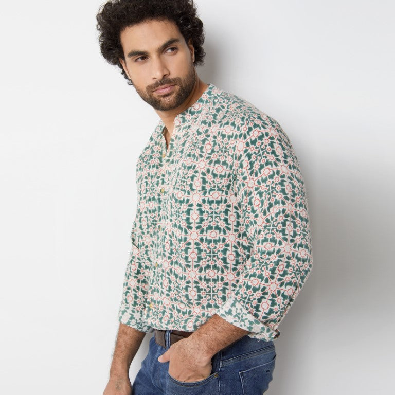 Naksha Teal Red Linen Hand Block Printed Full Sleeve Shirt