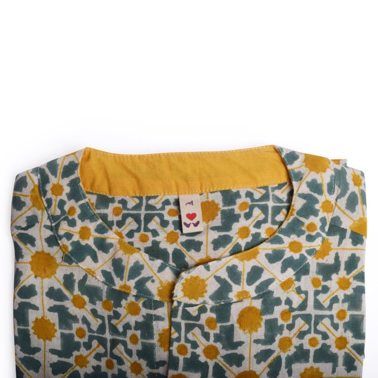 Naksha Teal Yellow Linen Hand Block Printed Full Sleeve Shirt