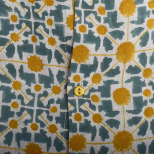 Naksha Teal Yellow Linen Hand Block Printed Full Sleeve Shirt