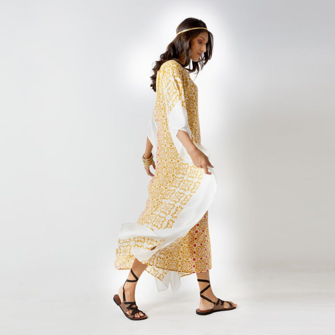Naksha Yellow Red Hand Block Printed Kaftan