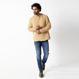 Naksha Yellow Red Linen Hand Block Printed Full Sleeve Shirt