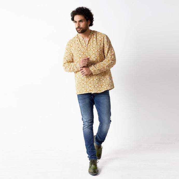 Naksha Yellow Red Linen Hand Block Printed Full Sleeve Shirt
