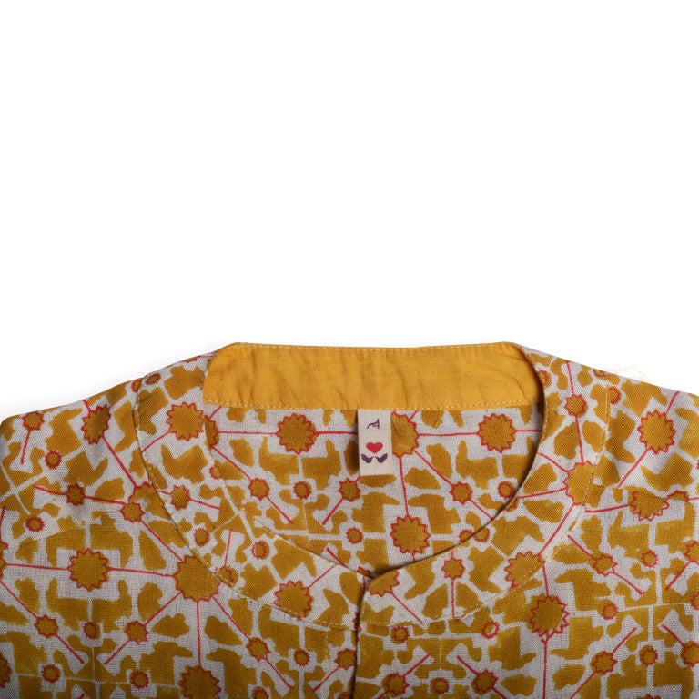 Naksha Yellow Red Linen Hand Block Printed Full Sleeve Shirt