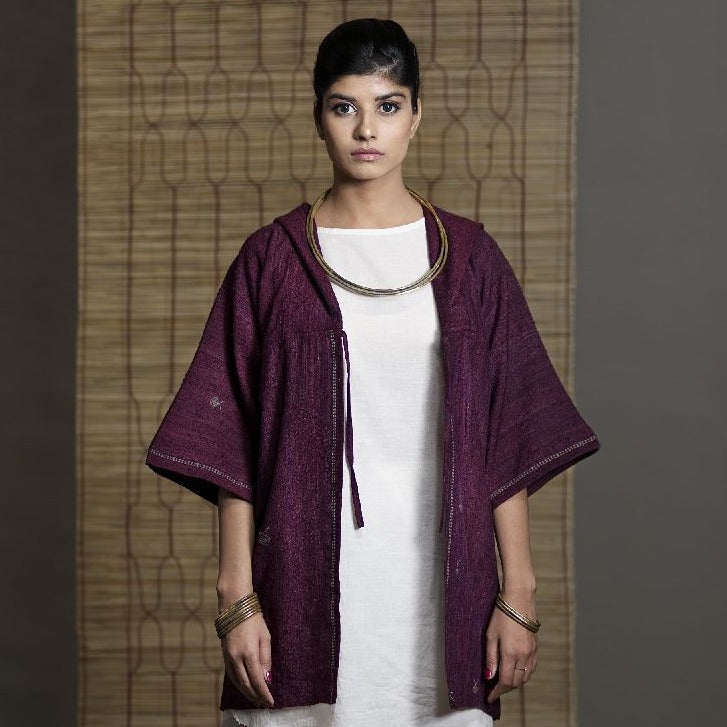 Wild Ass FOLD Hood Wool Silk Purple Wearable Stitched Garment Textile  Weaving, silk shrug
