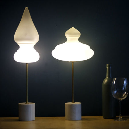 Benaras Table Lamp Finial ceiling lamp hanging lamp lighting handblown frosted glass, brass, and hand-turned marble, lamp, lighting, crafted