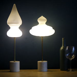 Benaras Table Lamp Finial ceiling lamp hanging lamp lighting handblown frosted glass, brass, and hand-turned marble, lamp, lighting, crafted