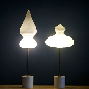Benaras Table Lamp Finial ceiling lamp hanging lamp lighting handblown frosted glass, brass, and hand-turned marble, lamp, lighting, crafted