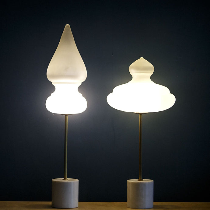 Benaras Table Lamp Finial ceiling lamp hanging lamp lighting handblown frosted glass, brass, and hand-turned marble, lamp, lighting, crafted