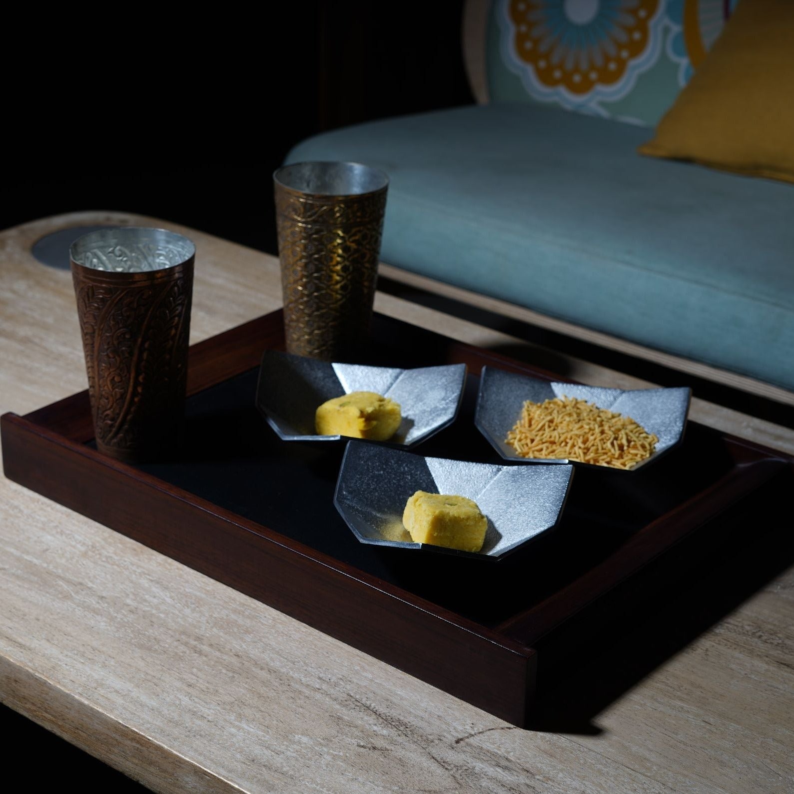 Nyla Tray is reversible, woodem tray, printed tray, block print tray, handmade, ancient tray