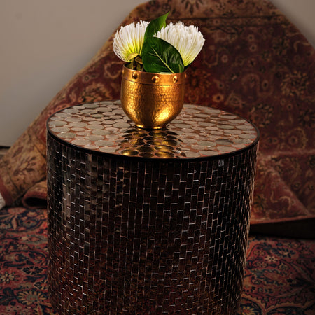 Thikri Mirror side Table Round furniture living space thikri mirror work mango wood acylic