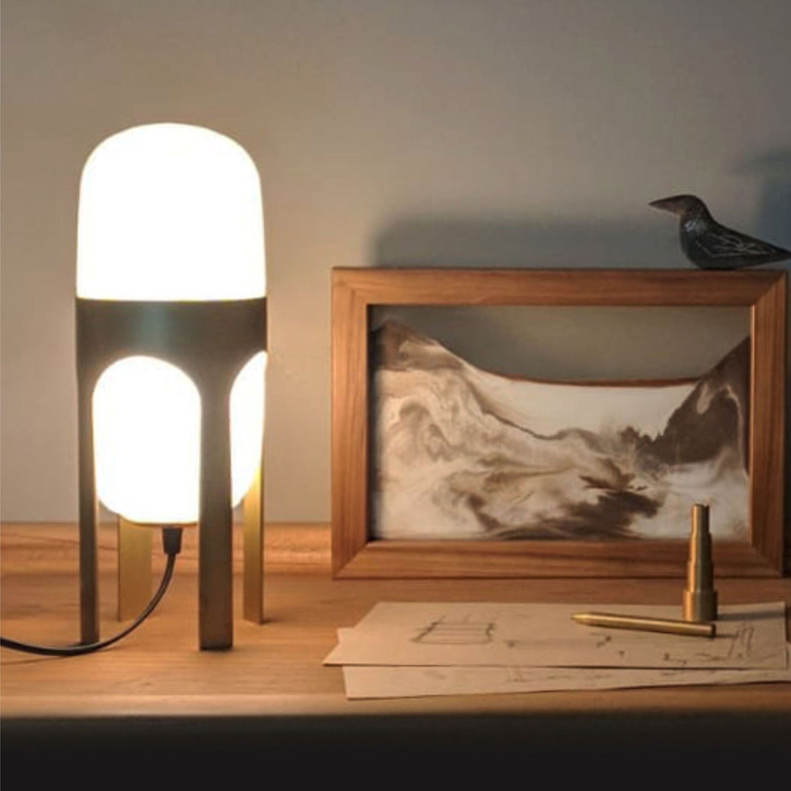 Ettore table lamp lighting aluminum opel glass handblown handcrafted, table lamp