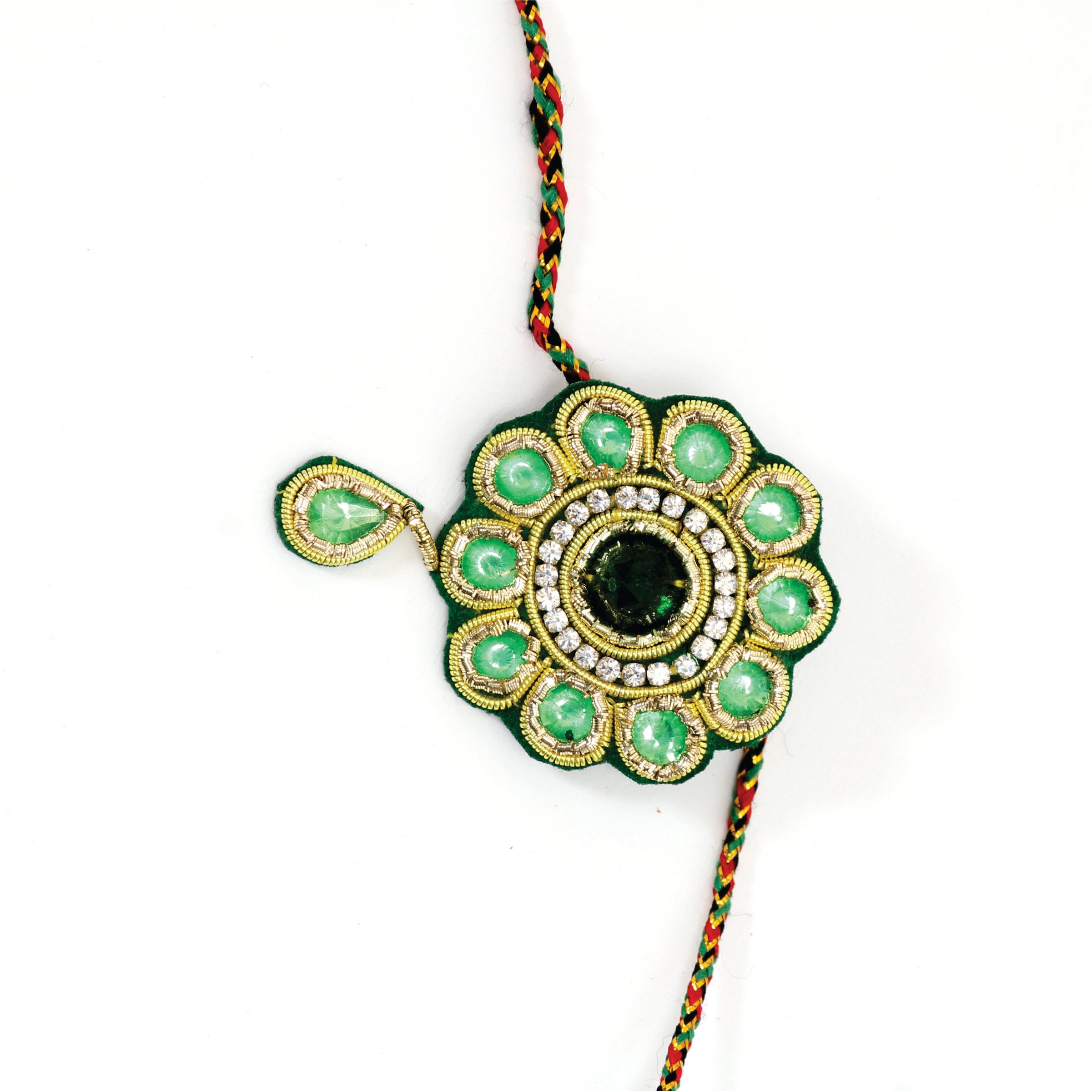 Jadau Brooch & Rakhi : Emerald Zardozi, Velvet, Artificial Gem Stones, crafted rakhi