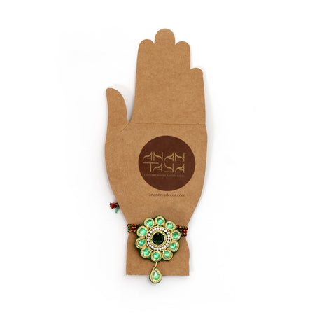 Jadau Brooch & Rakhi : Emerald Zardozi, Velvet, Artificial Gem Stones, crafted rakhi