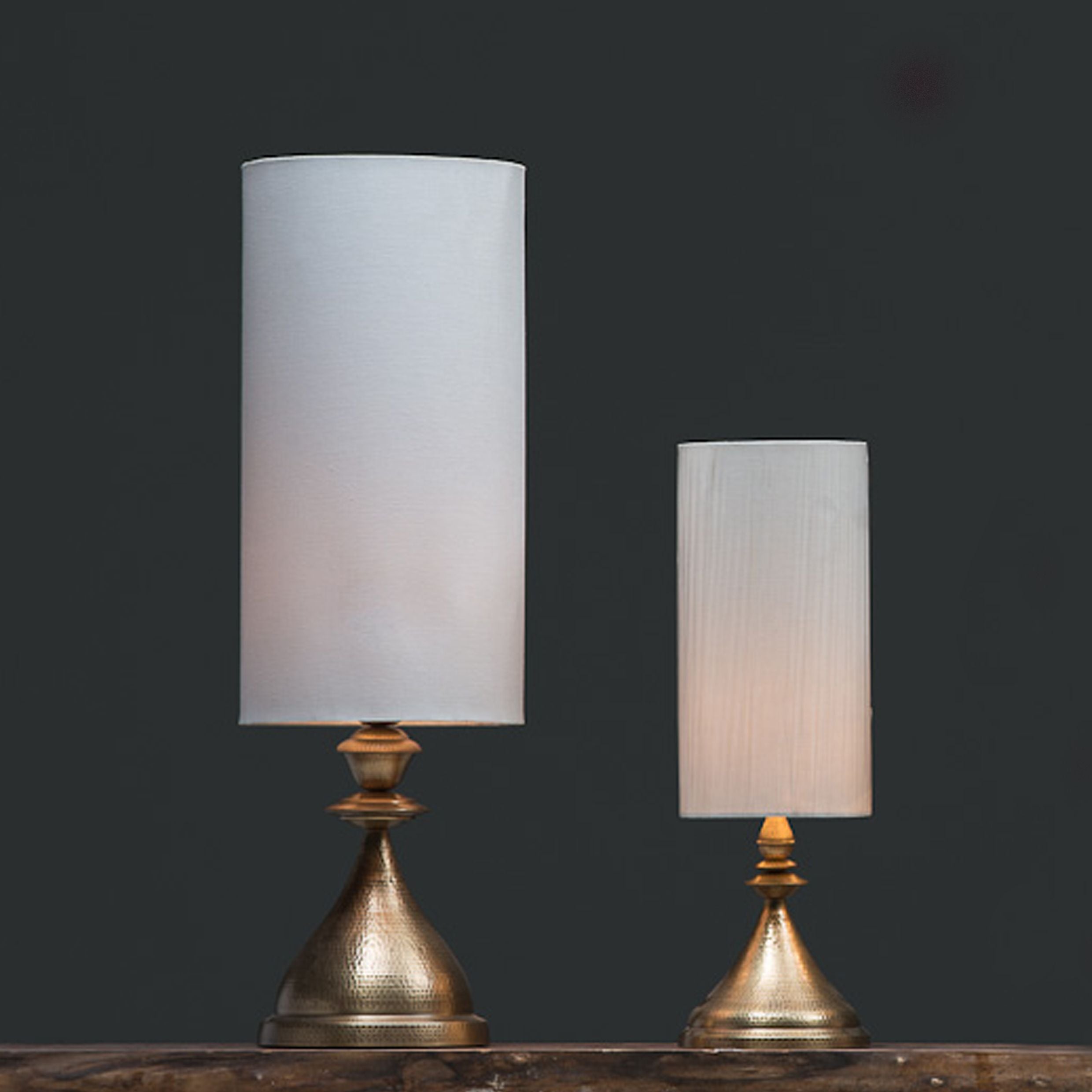 Kalash Lamp L Brass Cloth shade handbeaten brass thathera artisans table lamp lighting