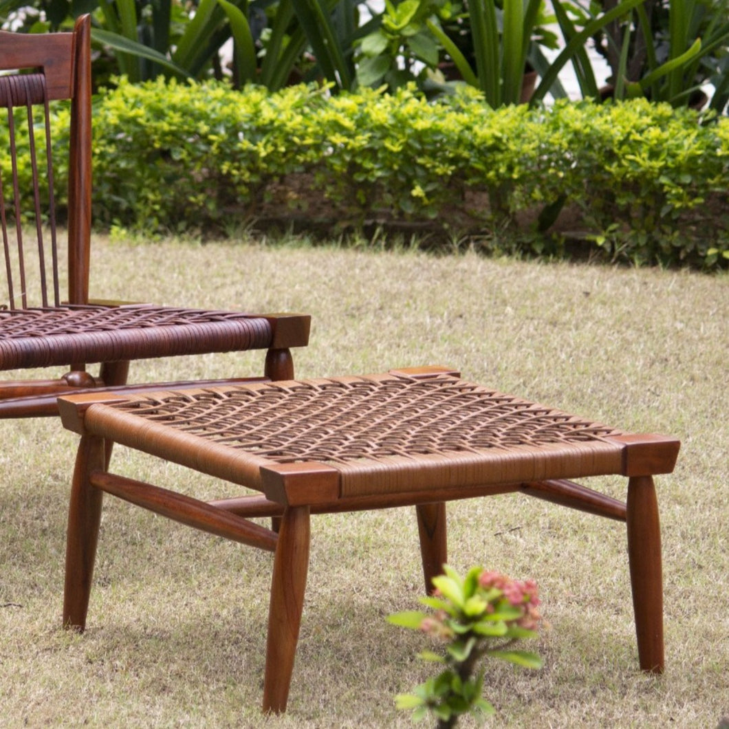 Leather strap foot stool leather cord linear pattern healthy ventilation, wooden stool, crafted, traditional stool