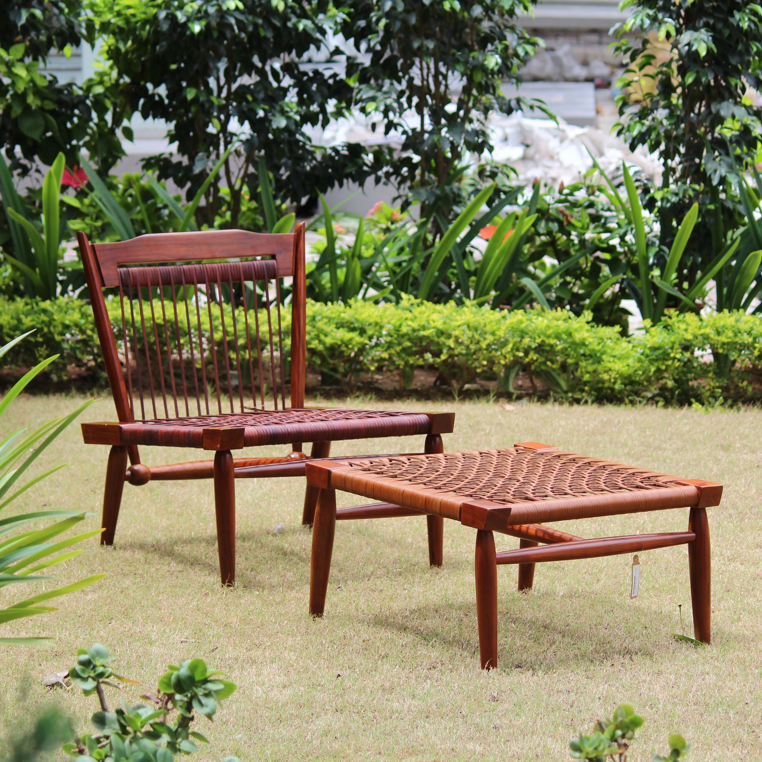 Leather strap foot stool leather cord linear pattern healthy ventilation, wooden stool, crafted, traditional stool