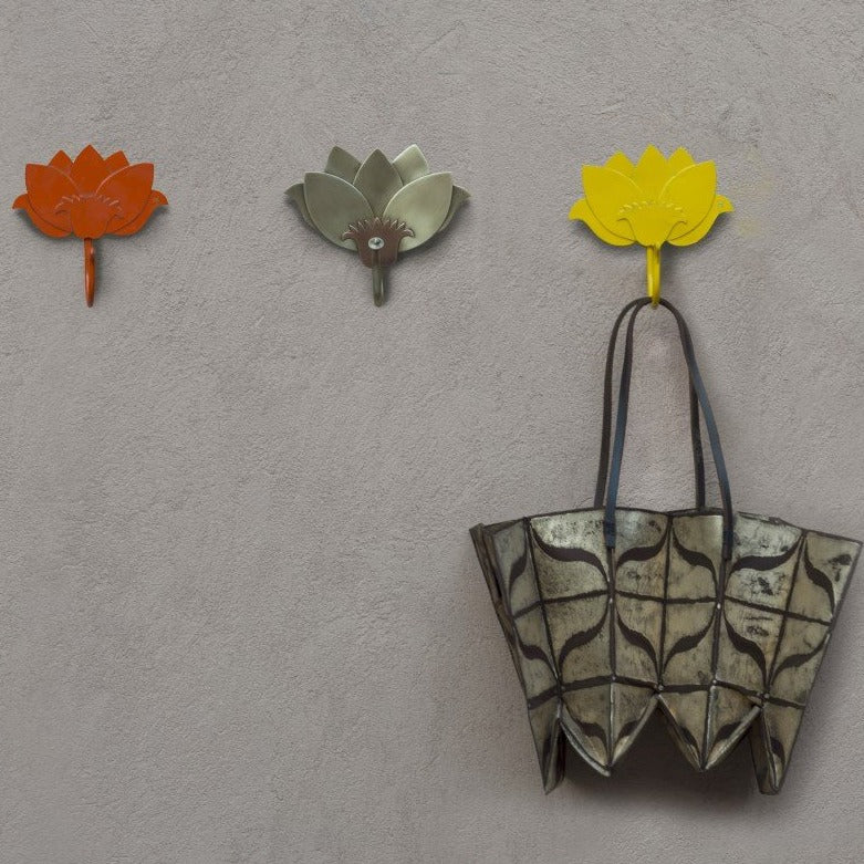 Lotus hook Br Organiser Hand Hammered thathera artisans Tarnish free iron wall decor outdoors