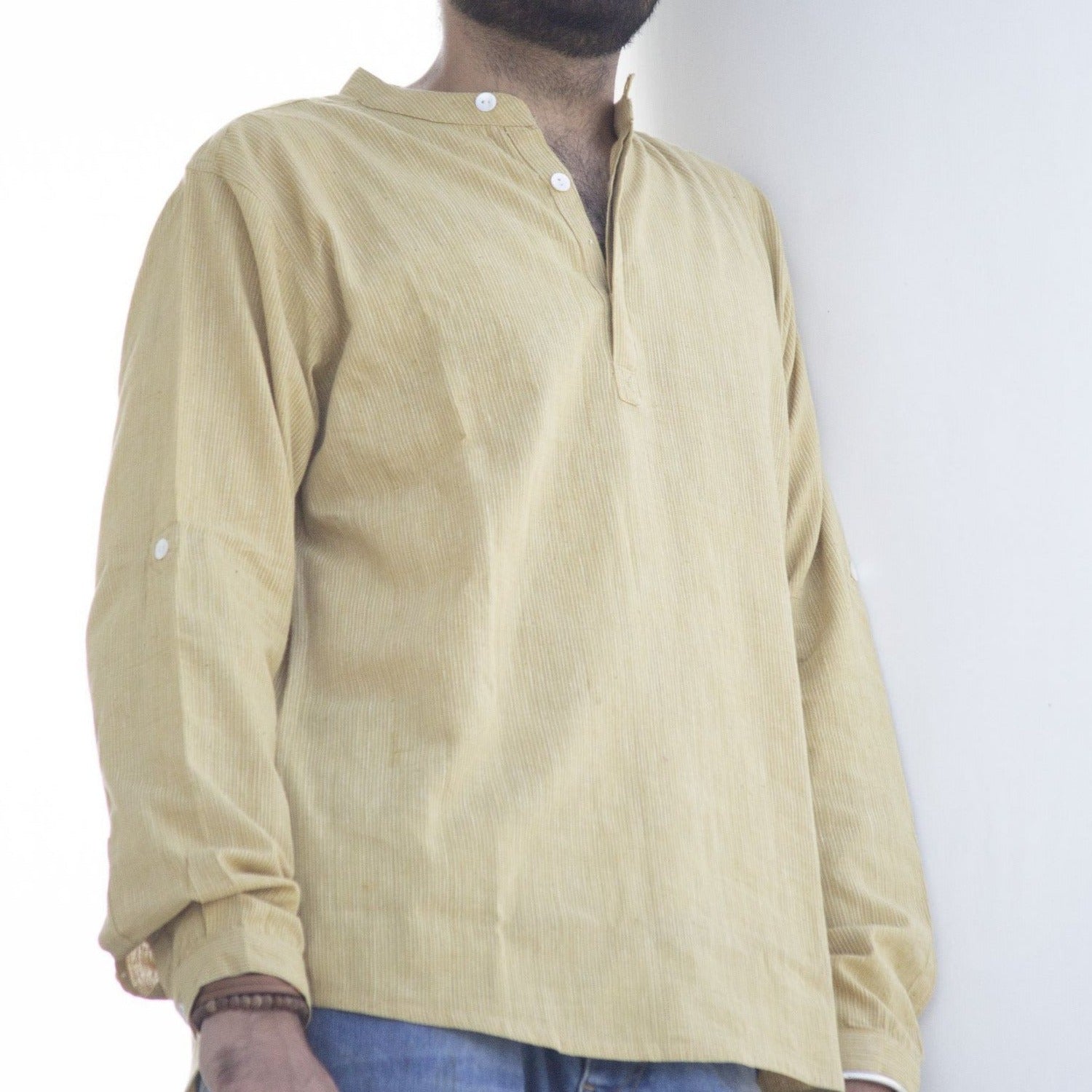 Malkha Handspun Cotton Unisex Shirt Desert Yellow Stripes Wearable Stitched Garment Textile  Weaving