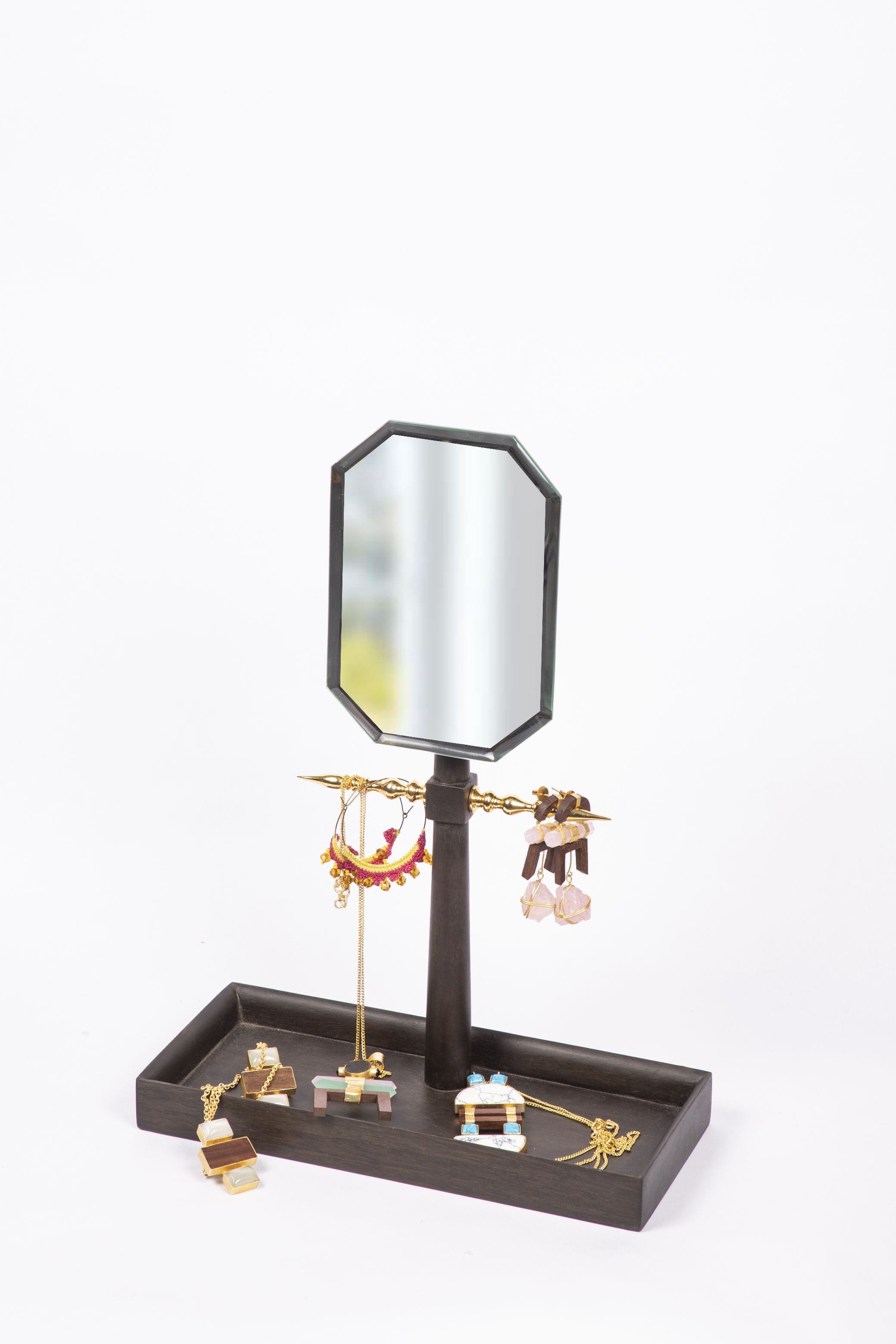 Mehr-un-Nissa Jewellery Stand Mango wood Brass Antique glass home decor table top organizer