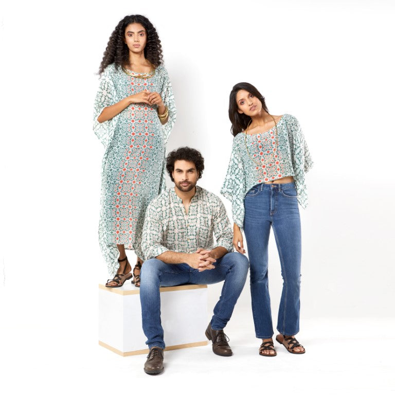 Naksha Teal Red Linen Hand Block Printed Full Sleeve Shirt