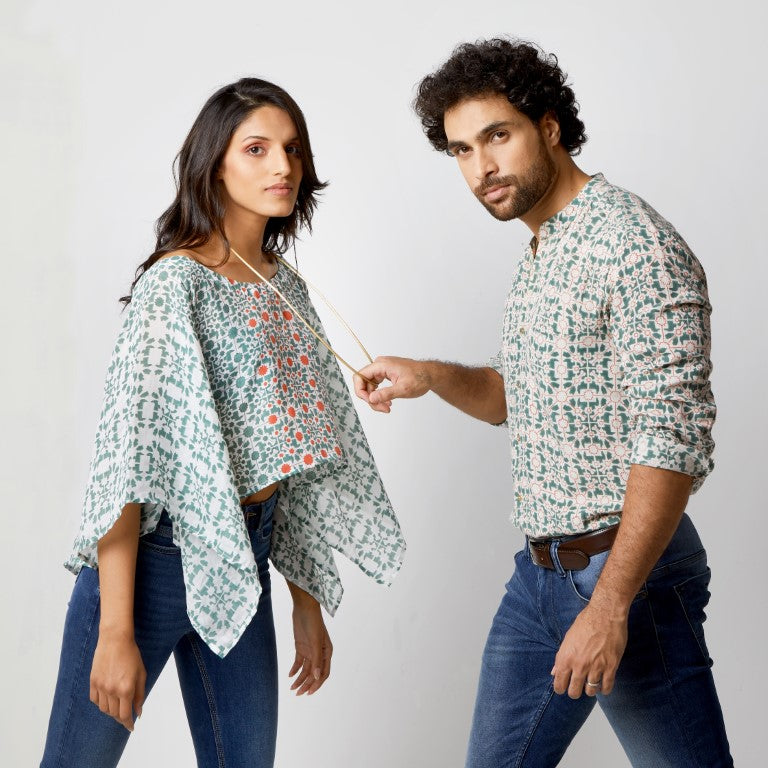 Naksha Teal Red Linen Hand Block Printed Full Sleeve Shirt