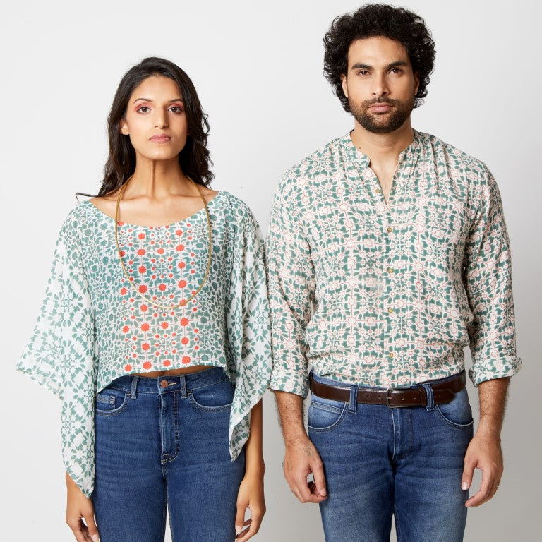 Naksha Teal Red Linen Hand Block Printed Full Sleeve Shirt