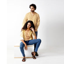Naksha Yellow Red Linen Hand Block Printed Full Sleeve Shirt
