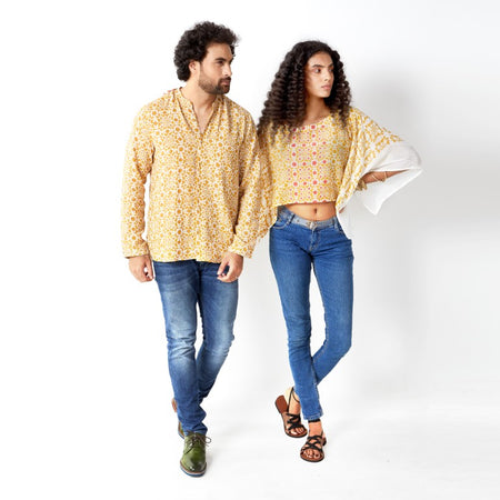 Naksha Yellow Red Hand Block Printed Crop Top