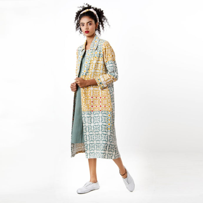 Naksha Handwoven Kala Cotton Yellow Teal Red Hand Block Printed Jacket