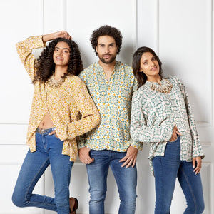 Naksha Yellow Red Linen Hand Block Printed Full Sleeve Shirt