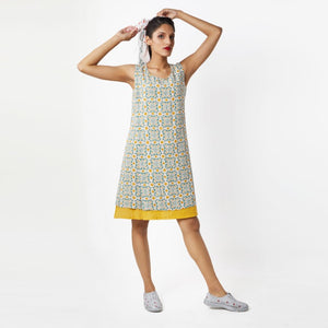 Naksha Teal Yellow Reversible Shift Overlap Dress