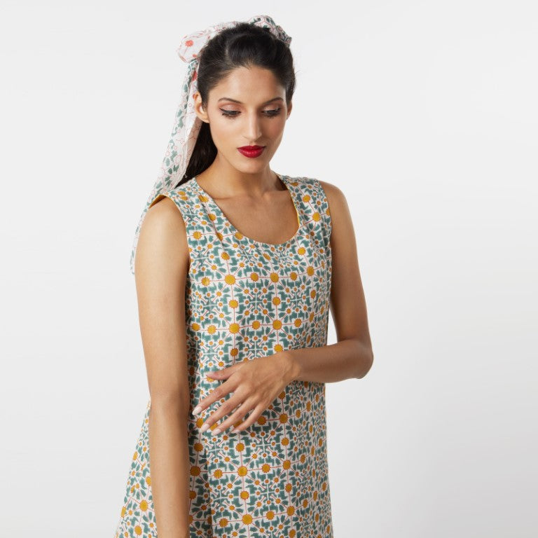 Naksha Teal Yellow Reversible Shift Overlap Dress