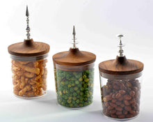 Home Objects , Display , Table top, Shah, Noor & Jahan jars, handcrafted in silver plated brass, recycled teak, borosilicate glass, container, wooden lid