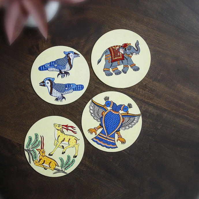 Pattachitra Coasters CD Gangajee Chadhaee (Two Blue Water Birds) set of 2  Handpaint CD Home Decor Dinning Serving
