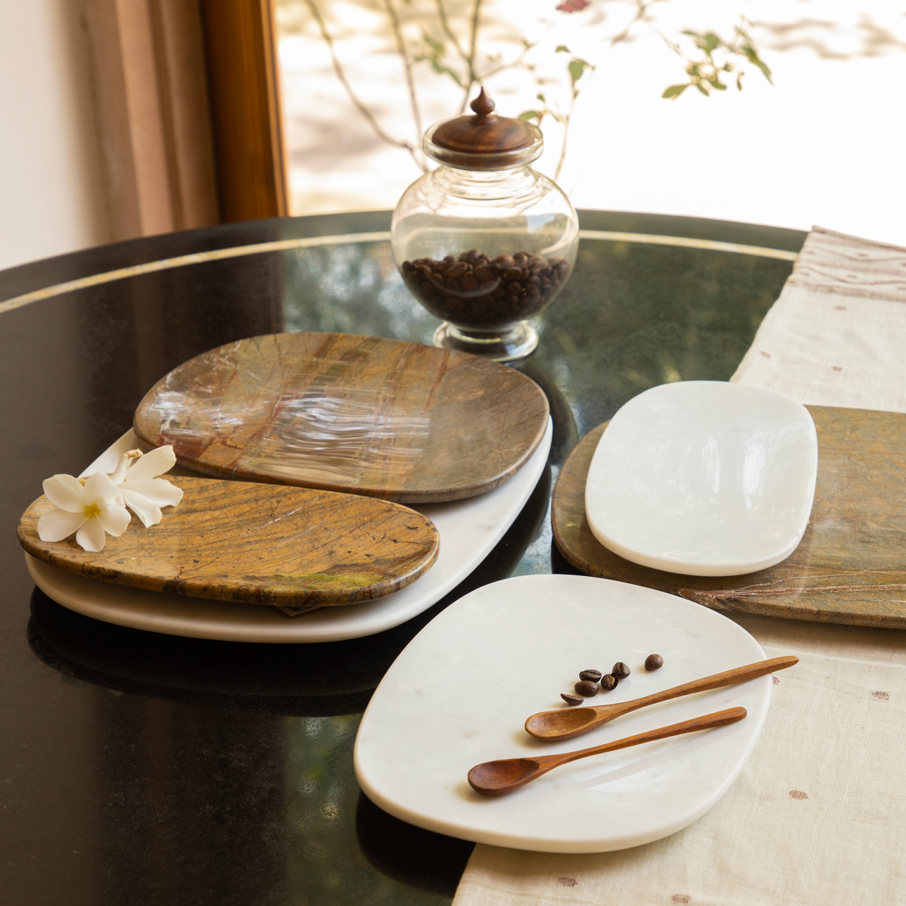 Reva platter handcrafted marble platter handmade in White marble & Bidasaar Brown Marble Home object serving dinnerware dinning