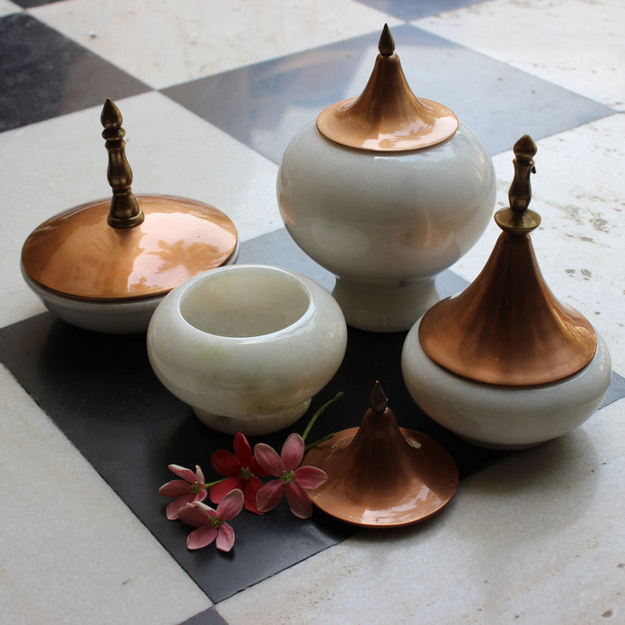 Spire collection jar Marble Copper Cast Brass handturned Home decor Home Object table top Serving outdoors waterproof, vintage jar, ancient jar