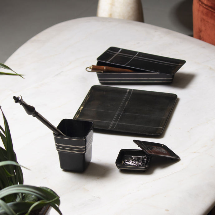 Tangram Bidri Lakeer Square box play at work handcrafted in bidri minimalist art like functionality zinc copper Home object serving table top stationery desktop organizer
