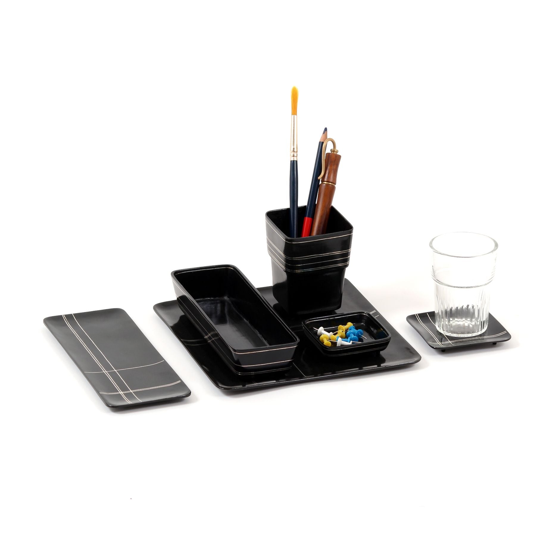 Tangram Bidri Lakeer Square tray play at work handcrafted in bidri minimalist art like functionality zinc copper Home object serving table top stationery desktop organizer