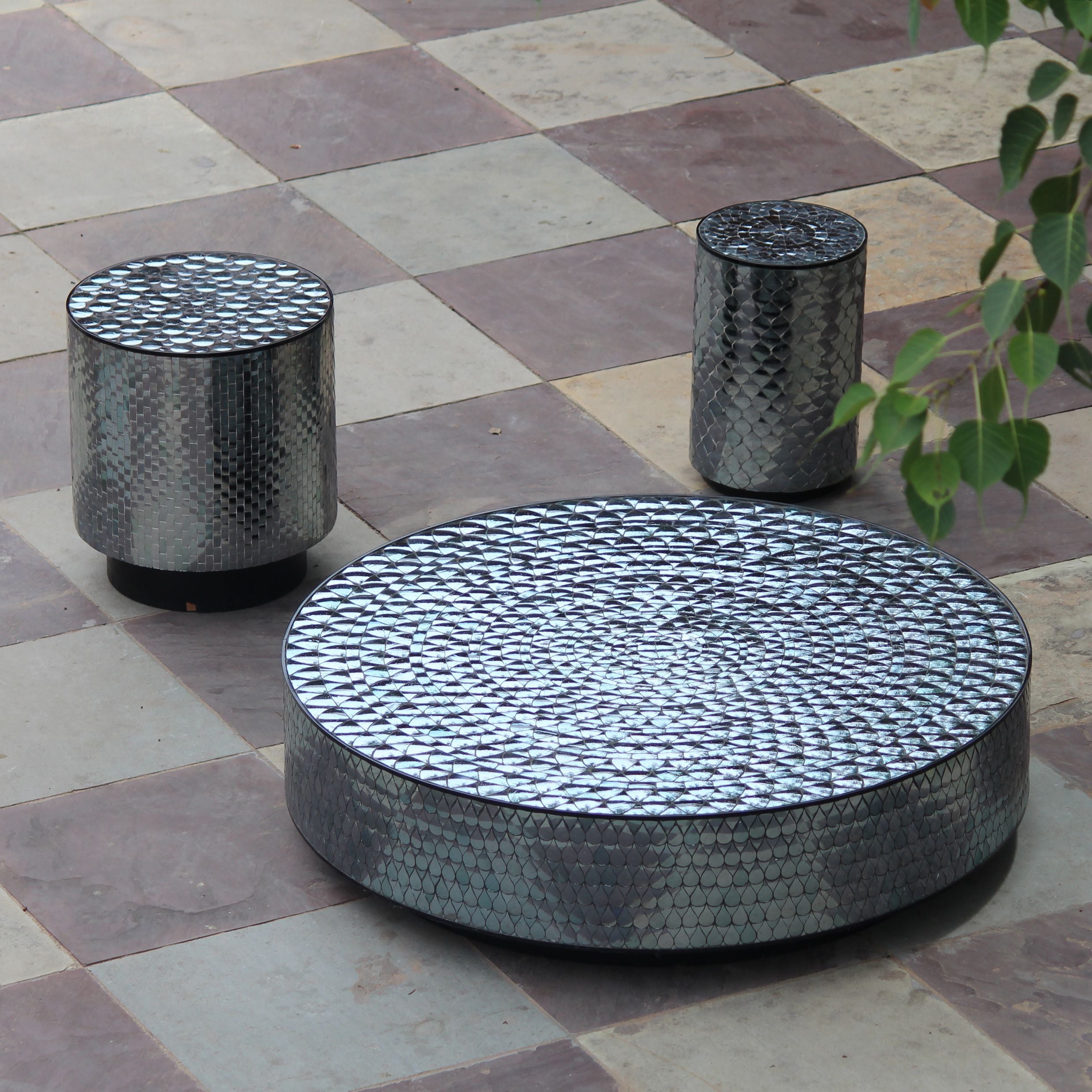 Thikri Mirror Lounge Table Round furniture living space thikri mirror work mango wood acylic