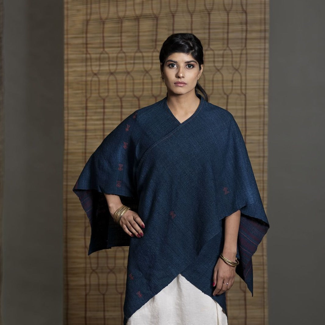 Wild Ass KITE Shrug Wool Silk Indigo  Wearable	stitched garment Textile  Weaving