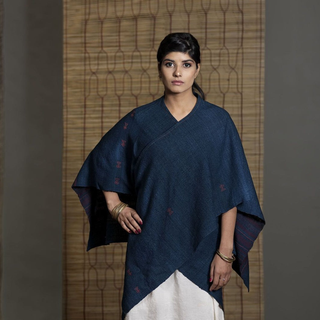 Wild Ass KITE Shrug Wool Silk Indigo  Wearable	stitched garment Textile  Weaving