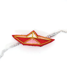 Zardozi Brooch & Rakhi: Kagaz ki Kashti (Paper Boat) Zardozi, Velvet, Silk Thread