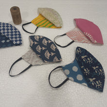 block print reversible mask in wooden box. recycled mask, block print mask, reversible mask. hand crafted