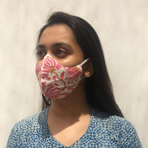 block print reversible mask in wooden box. recycled mask, block print mask, reversible mask. hand crafted